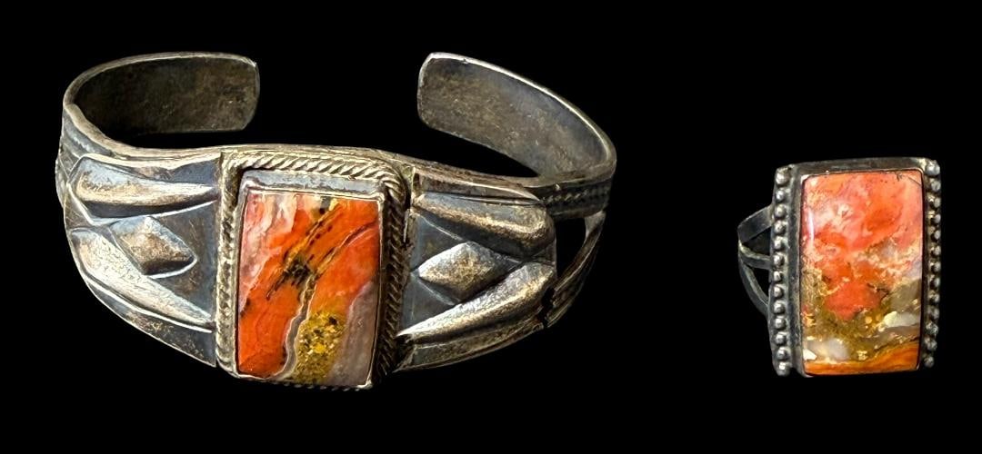 Silvertone and Landscape Agate Ring and Cuff Bracelet Set: Silvertone landscape agate ring and cuff bracelet set. Ring size 7. Bracelet measures 6.25" around with a 1" cuff opening. Total weight is 40g.