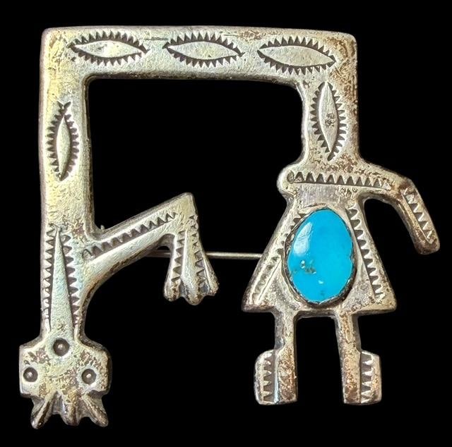 Native American Navajo Sterling and Turquoise Sand Cast Brooch: Native American Navajo sterling (tested) and turquoise sand cast brooch. Bent Dancer design. Measures 1.75" x 1.5". Weighs 14g.