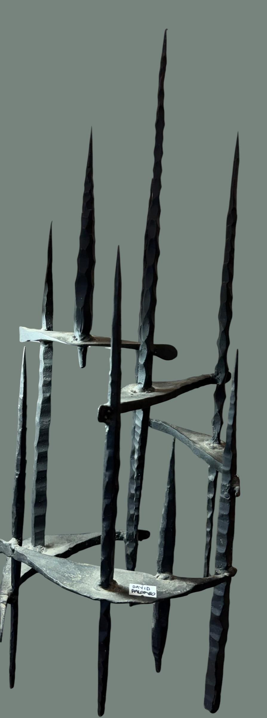 David Palombo Sculpture Brutalist Cast Iron: Iron metal works sculpture by Israeli artist David Palombo. Remnants of 2 Israeli tags still attached. Measures 20" high by 10" wide and 10" deep.