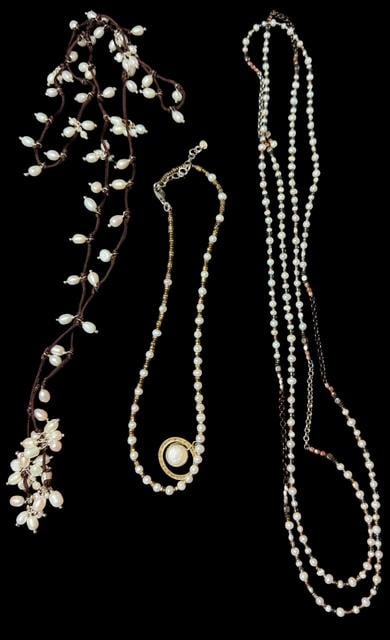 Lot of Three Sterling and Fresh Water Pearl Necklaces: Lot of three sterling and fresh water pearl necklaces. Includes Silpada emblem tag in original boxes. 1) Cord strung, no clasp, measures 44" long. 2) Over the head style, no clasp. Measures 58". 3) Pe
