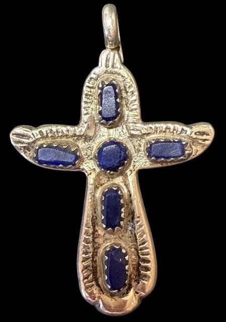 Native American Signed C. Iule Navajo Sterling and Lapis Cross Pendant: Native American Navajo sterling (tested) and lapis cross pendant. Signed C. Iule. Measures 1" x 1.75" and weighs 5 g.