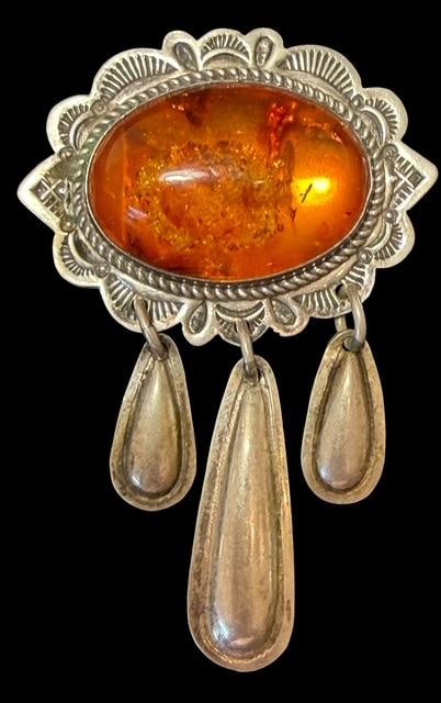 Native American Sterling and Amber Brooch/Pendant Signed C. Wylie (1 of 2)