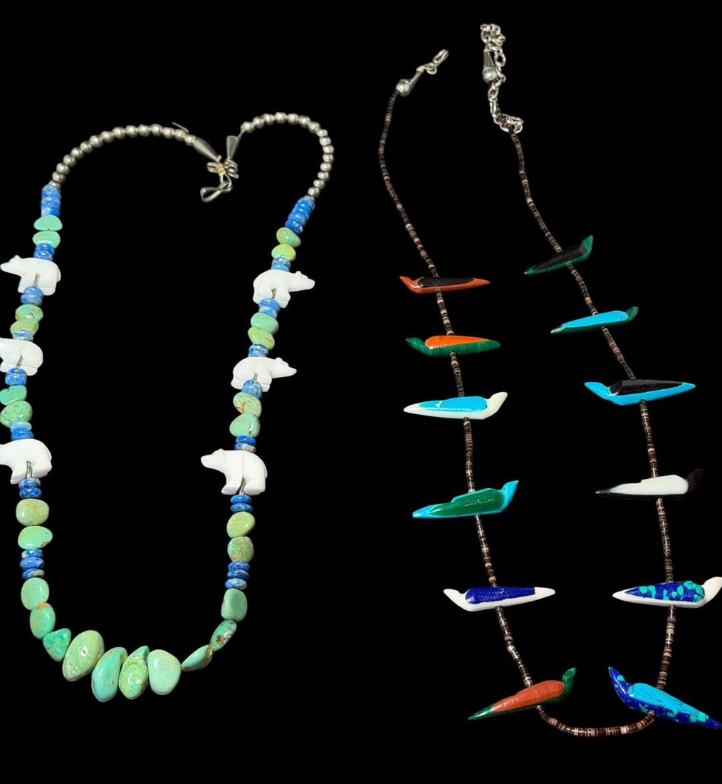 Pair of Native American Hand Carved Fetish Necklaces Santo Domingo: Pair of hand carved fetish necklaces. 1) Santo Domingo Pueblo. Carved Birds measure 1.5" x 1". Chain and ends test sterling. Measures 26". 2) Carved bear fetishes with turquoise and lapis beads. Bears