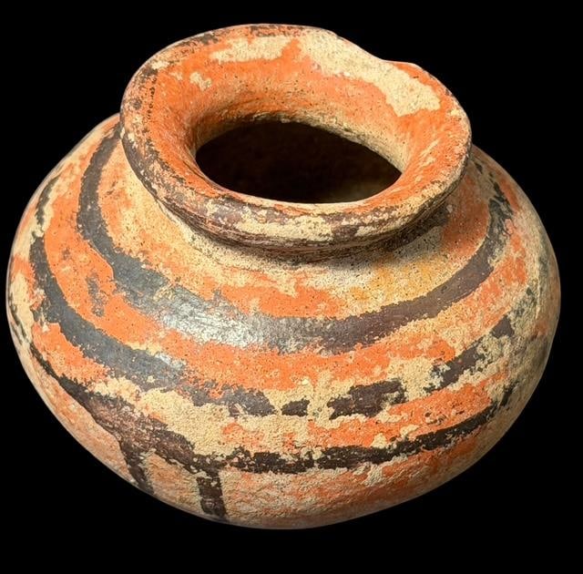 Pre-Columbian Small Pot with Paint 1200 CE: Pre Columbian, ca 1200 AD, small round-bottomed pot. Nice paint work. Measures 1.5". Museum of Man San Diego, Ca.