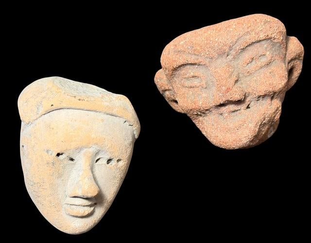 Lot of Two Pre-Columbian Carved Faces 300 CE: Stunning pieces in this two-item lot. Mayan Yucatec faces carved Pre Columbian, ca 300 CE. Museum of Man San Diego, Ca. Each are approximately 2"X2"