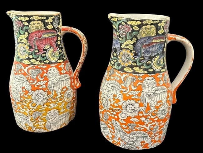 Spectacular Pair of Antique Dragon Motif Mason's Ironstone Pitchers: Very early pair of Mason's Ironstone pitchers. Unusual orange and cobalt colored with Asian and dragon scene. Pitchers are similar but not identical. Measures 9" tall.