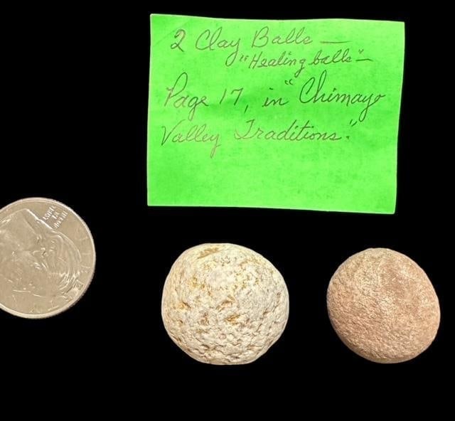 Pre-Columbian Clay Balls 1200 CE: Lot of two pre-Columbian, ca 1200 AD, clay balls, healing balls. Quarter shown for scale.