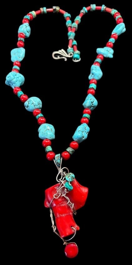 Native American Coral and Turquoise Pendant Necklace (1 of 2)