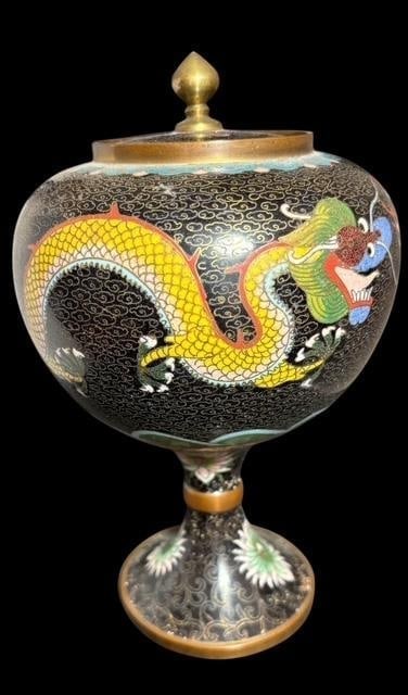 1900's Cloisonné Dragon Lidded Urn: OUTSTANDING Cloisonné lidded and footed vessel. Dragon scene in excellent condition. Measures 8" tall.
