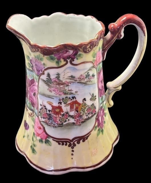 Antique Hand Painted Japanese Geisha Girl Pitcher Ca. 1920s: Hand painted old Japanese pitcher. Ca 1920's. Different Geisha girl image on each side. Measures 7" tall.