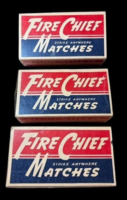 Lot of Three Vintage Pacific Match Co. Tacoma, WASH. Fire Chief Match Boxes: Lot of three original vintage Fire Chief strike anywhere match boxes. Pacific Match Company. Tacoma, Washington. Volume 16 cu. Inches. Non-Poisonous Treated to prevent afterglow. Save the forest, brea