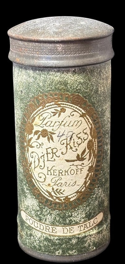 Antique Tin Parfum Djer Kiss Kerkoff Paris Poudre de Talc with Powder: Antique Tin Parfum Djer Kiss Kerkoff Paris Poudre de Talc with powder still in tin. 3.75" x1.5"