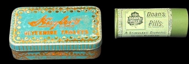Lot of Two Antique Advertising Medical Tins Doan and Huyler's: Pair of antique medical tins. Doan Pills A Stimulant Diuretic for the kidneys. Measures 1" round x 3"tall, and Huyler's Glycerin tablets - measures 3"x1.75"