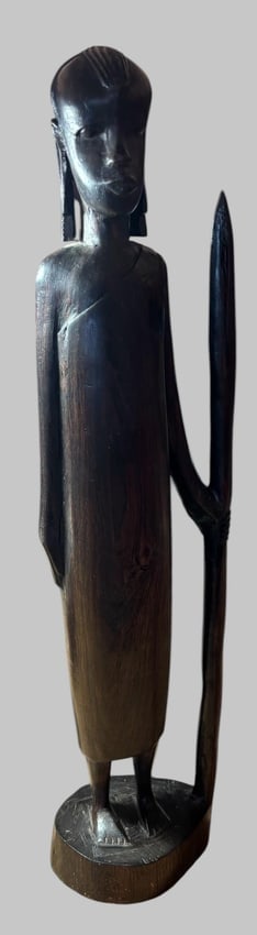 Vintage Hand Carved African Ebony Wood Tribal Warrior Figure: Vintage hand carved Besmo African tribal warrior figure. Carved of ebony wood. Measures 17.5" tall.