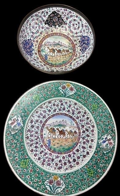 Iranian Enamel on Copper Bowl and Plate Set: Enamel on copper bowl and matching plate with a camel motif. Made in Iran. Bowl measures 6" across. Plate measures 8.75" across. Lovely colors and design.