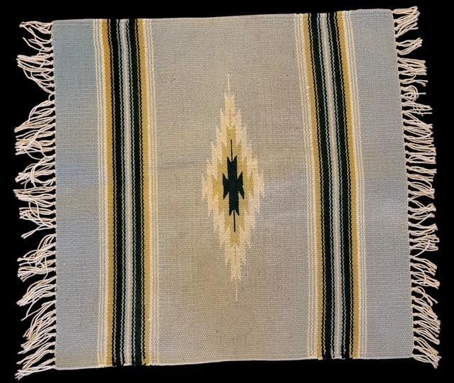 Handwoven Wool Southwest Chimayo Tapestry: Handwoven wool southwest Chimayo tapestry with fringe. Has original ORTEGA tag affixed. Excluding fringe measures 19.5" x 19.5".