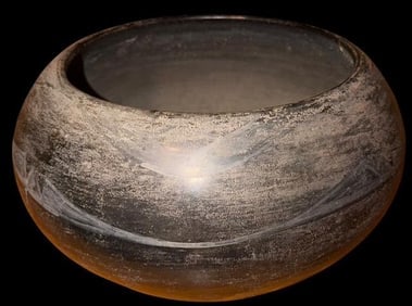 Antique Missisipian Culture Black Pottery Bowl: Antique old Mississippian culture black bowl with design. Measures 10" across by 6.25" tall. Signed but difficult to decipher -