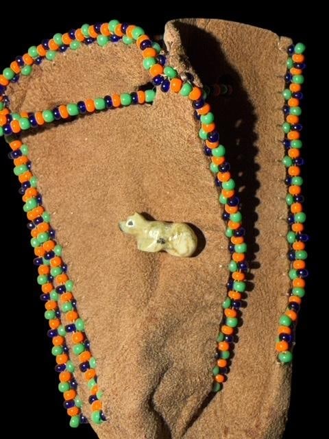 Beaded Leather Pouch Necklace with Tiny Bear Fetish (1 of 3)