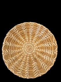 Papago Basket By Bessie Monte: Papago wheat stitch basket by Bessie Monte. Includes tag with weaver with basket. Measures 8" x 1.25".