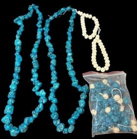 Lot of Turquoise and Bone Bead Necklaces and Bracelets: Lot of two turquoise chunk necklaces 26" with additional loose beads. Two expandable carved bone bracelets 8"with additional loose pieces.