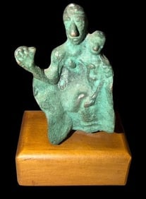 Bronze Mother and Child on Wood Base: Old bronze mother and child on wood base. 2.5"x1.75"x4.5"