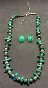 Native American Navajo Sterling and Malachite Jewelry Set Signed MA: Native American Navajo sterling and malachite earrings and necklace set. Earrings are clip on. Marked sterling and signed MA. Necklace measures 29". Earrings measure .75" x 1". Lovely.