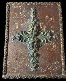 Antique Ornate Bible Box: Antique bible box with ornate gold leaf cross on cover. Family provenance says purchased in Italy. Measures 12" x 16" x 4".