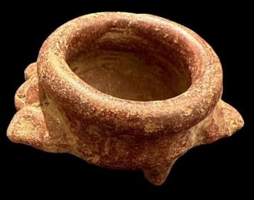 Pre-Columbian Small Tripod Pot 1200 CE Red Clay: Pre Columbian, ca 1200 AD, small tripod pot. Red clay, nicely carved. Measures 2.5" x 1.25". Museum of Man San Diego, Ca.