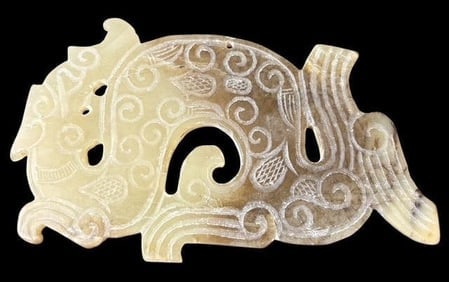 Carved Jade Dragon Pendant: Carved jade dragon pendant. Measures 3.5" x 2".