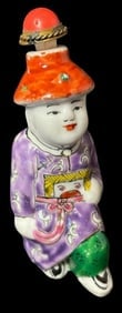 Chinese Hand Painted Porcelain Snuff Bottle: Hand painted porcelain figural snuff bottle. Stopper and spoon intact. Measures 3".