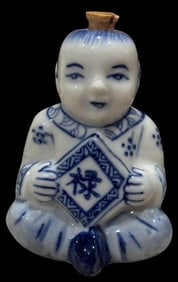 Chinese Signed Blue and White Snuff Bottle: Vintage signed Chinese blue and white snuff bottle. Spoon and cork intact, no lid. Measures 2.25".