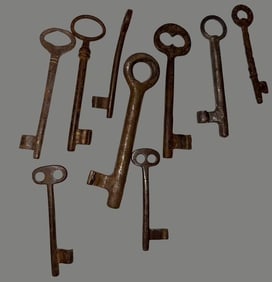 Lot of Nine Assorted "Skeleton" Keys Antique: Lot of nine assorted skeleton keys. Iron/steel. 3.75" to 5.25" in length. See photos.
