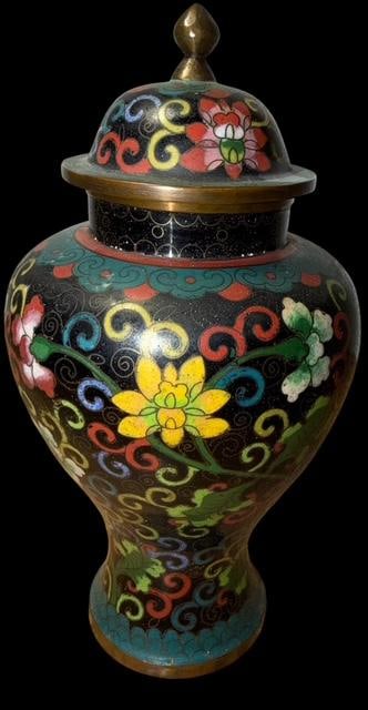 Antique Chinese Cloisonne Ginger Jar: Antique Chinese cloisonne ginger jar. Marked China. Measures 7.5" tall by 4" across at widest point.