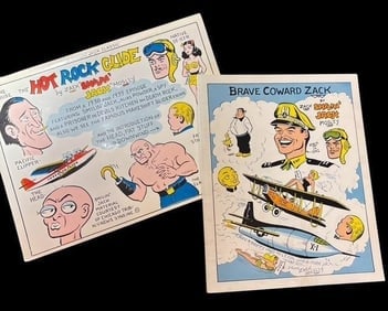 Pair of Autographed Zack Mosley Cartoon Books 1980: Lot of two inscribed and signed Zack Mosley cartoon books, Hot Rock Glide 11" x 8.5" 104 pages, and Brave Coward Zack 10" x 8" 104 pages Both dated 1980.