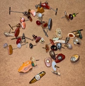 Large Lot of Assorted Stone Tie Clips and Tacks: Lot of assorted polished stone tie clips. Sizes vary. See photos for details.