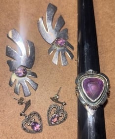 Lot of Three Amethyst and Sterling Jewelry Earrings and Ring (1 of 4)