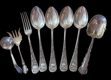 Lot of Eight Sterling Silver Serving Flatware Pieces by Wendel Whiting: Lot of eight sterling silver flatware serving pieces by Wendel Whiting Sterling Manufacturers. Weighs 346 grams or about 10 troy ounces.