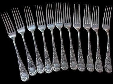 Lot of Eleven Antique Sterling Silver Forks by Wendel Whiting: Lot of eleven sterling silver Wendel Whiting brand forks. Monogrammed P. Measure 7.5" and weighs 565 g.