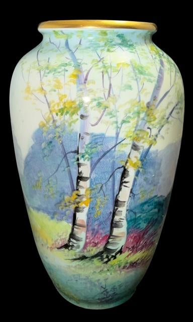 Signed Hand Painted Pickard Vase - Curtis Marker: Hand Painted signed Pickard vase. Signed (Curtis) Marker. Nice tree scene. Measures 8.5" high by 5" at widest point.