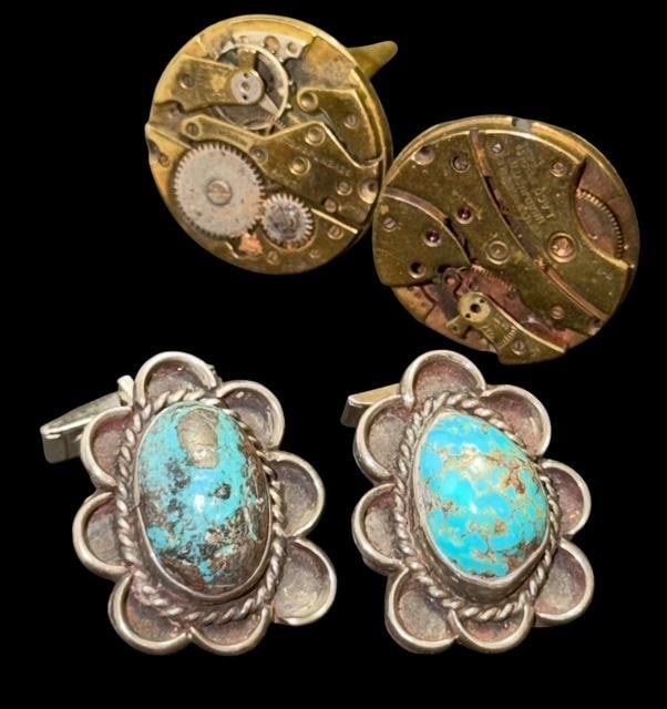 Two Pairs of Cuff Links Navajo Turquoise and Steampunk Watch workings: Two pairs of cuff links. 1) sterling with turquoise. Weighs 18g and measures 1" x 1". 2) Brass watch works face, very unusual. Measures 1" across. Marked sterling and signed TH 43.