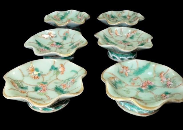 Set of Six Antique Asian Hand Painted Scalloped Edged Shallow Bowls (1 of 3)