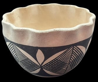 Native American Acoma Pueblo Signed Fluted Pottery Bowl: Native American Acoma Pueblo pottery fluted decorative bowl. Signed C.C. Nice geometric design. Measures 4" x 4" x 3".