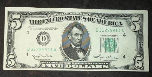 1950 $5 Bill: 1950 $5 bill. Very good condition. Ungraded. Circulated. Measures 6" x 2.5".