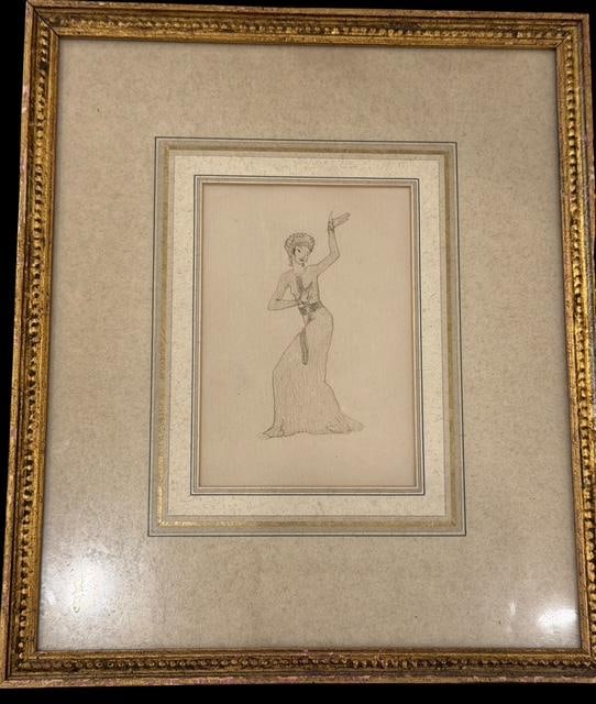 Southeast Asian Line Drawing: Southeast Asian line drawing of a dancer in traditional attire. Nicely framed. Unsigned. Visible art measures 3.5" x 5". Framed art measures 9" x 10.75.
