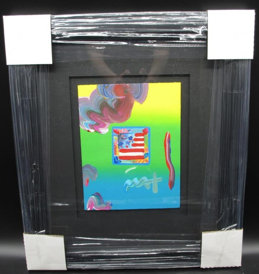 Peter Max Flag Custom Framed Mixed Media with Acrylic: Peter Max-Flag Custom Framed Medium: Hand Signed Original One-of-a-Kind Mixed Media with Acrylic Note: Dimensions provided include frame