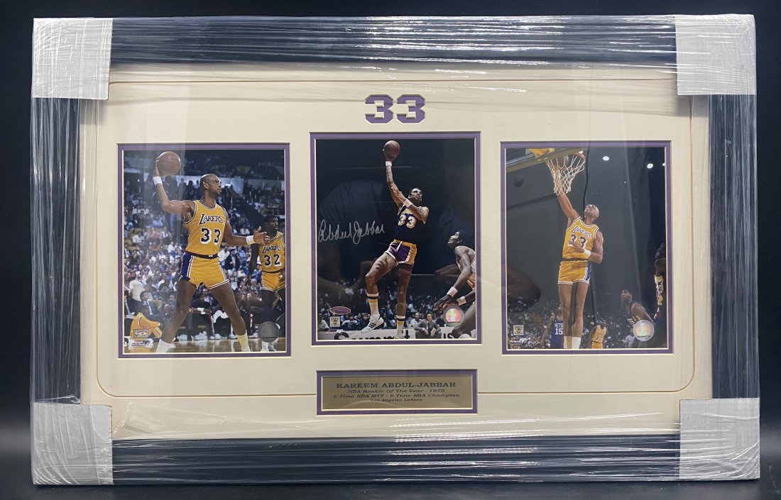 Kareem Abdul Jabbar Autograph Framed Mattet Set: Kareem Abdul Jabbar Framed Commemorative Autograph CollectionCustom Multi Matted in Los Angeles Lakers team colorsFeatures Hand Signed 8x10 certified photographAdditional 8x10 Hardwood Classics Photog