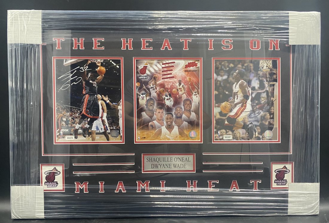 Shaquille and Dwyane Wade Custom Framed Autographs: Shaquille O'Neal and Dwyane Wade Framed Commemorative Autograph Collection Custom Multi Matted in Miami team colors Features Hand Signed 8x10 certified photographs individually signed by Shaquille O'N