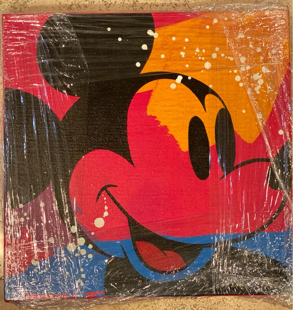 Paulina Del Mar - Funky Mickey Stretched Mixed Media: Paulina Del Mar - Funky Mickey Medium: Hand Signed Original One-of-a-Kind Mixed Media with Acrylic on Canvas 12 x 12 inches