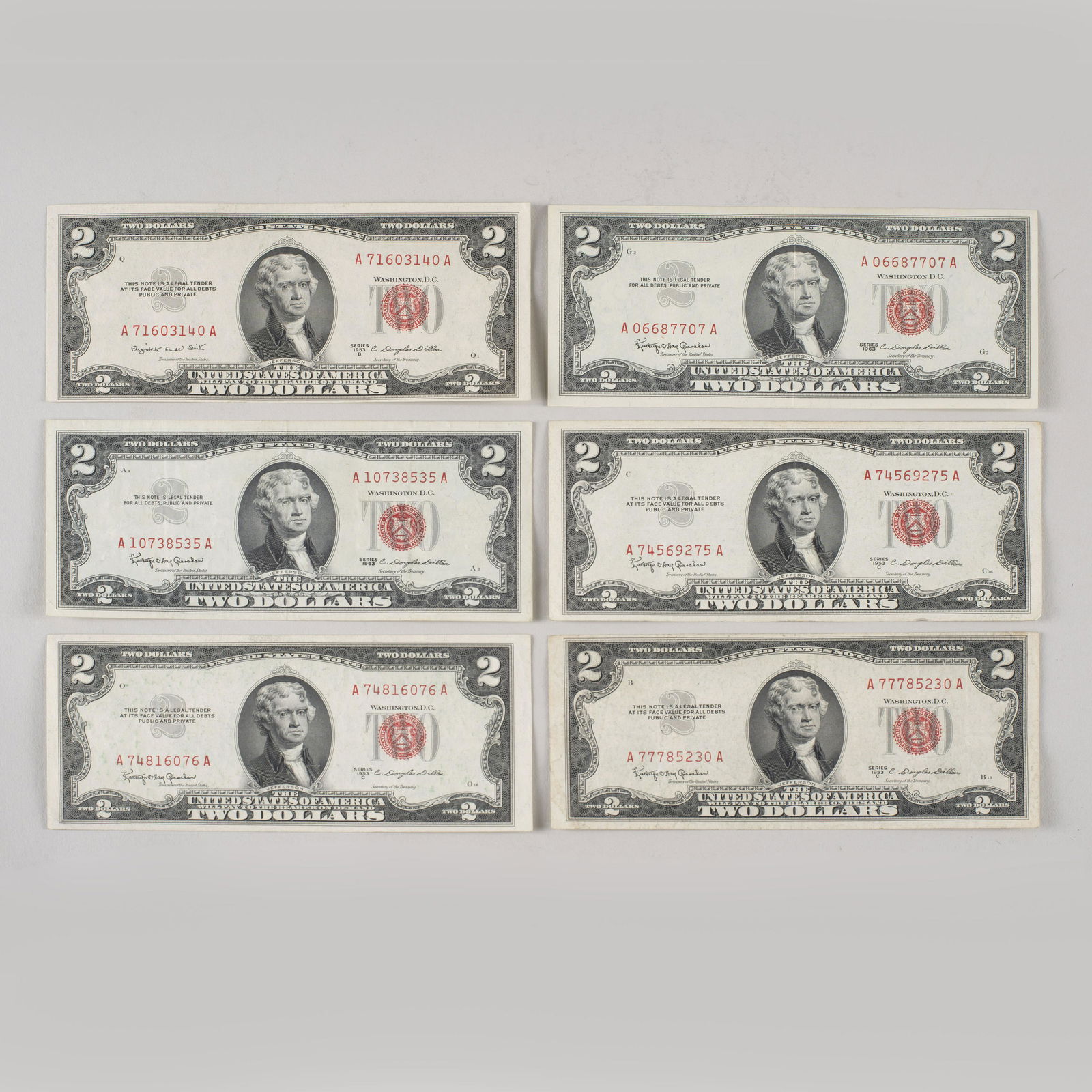(6) crisp 2 dollar bills series 1953 (1 of 2)