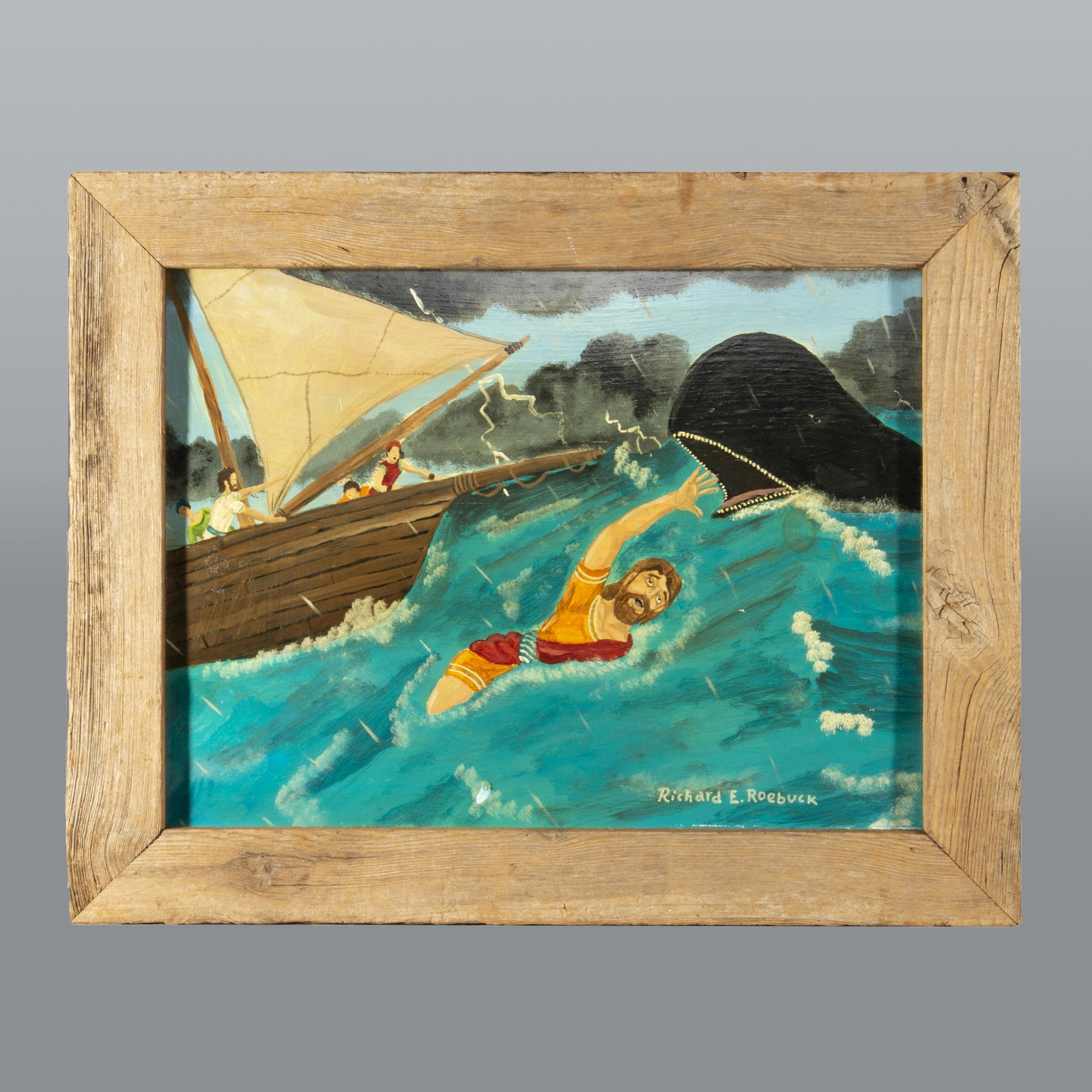 Richard Roebuck Folk Art Painting Whaler Scene: very folky painting of a whaler scene. With a ship and 4 mates one of them overboard with a look of dispare as the whale charges. Framed. Signed lower right Richard E Roebuck. 24.5" x 19"